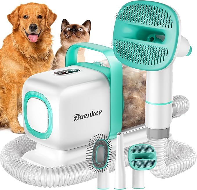 Buenkee Dog Grooming Kit with Pet Grooming Vacuum, Dog Clipper, Pet Grooming Shedding Brush, Cleaning Tool in 1, Low Noise Dog Vacuum for Dogs Cats
