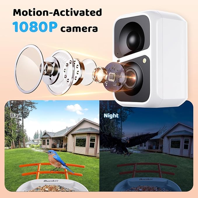 Buenkee Bird Feeder with Camera, 5 DIY Add-ons & 64GB Card Record Bird Video Bird House for Outside, 2.4G WiFi Bird Feeder Camera Wireless Outdoor House-Bird Watching Gifts