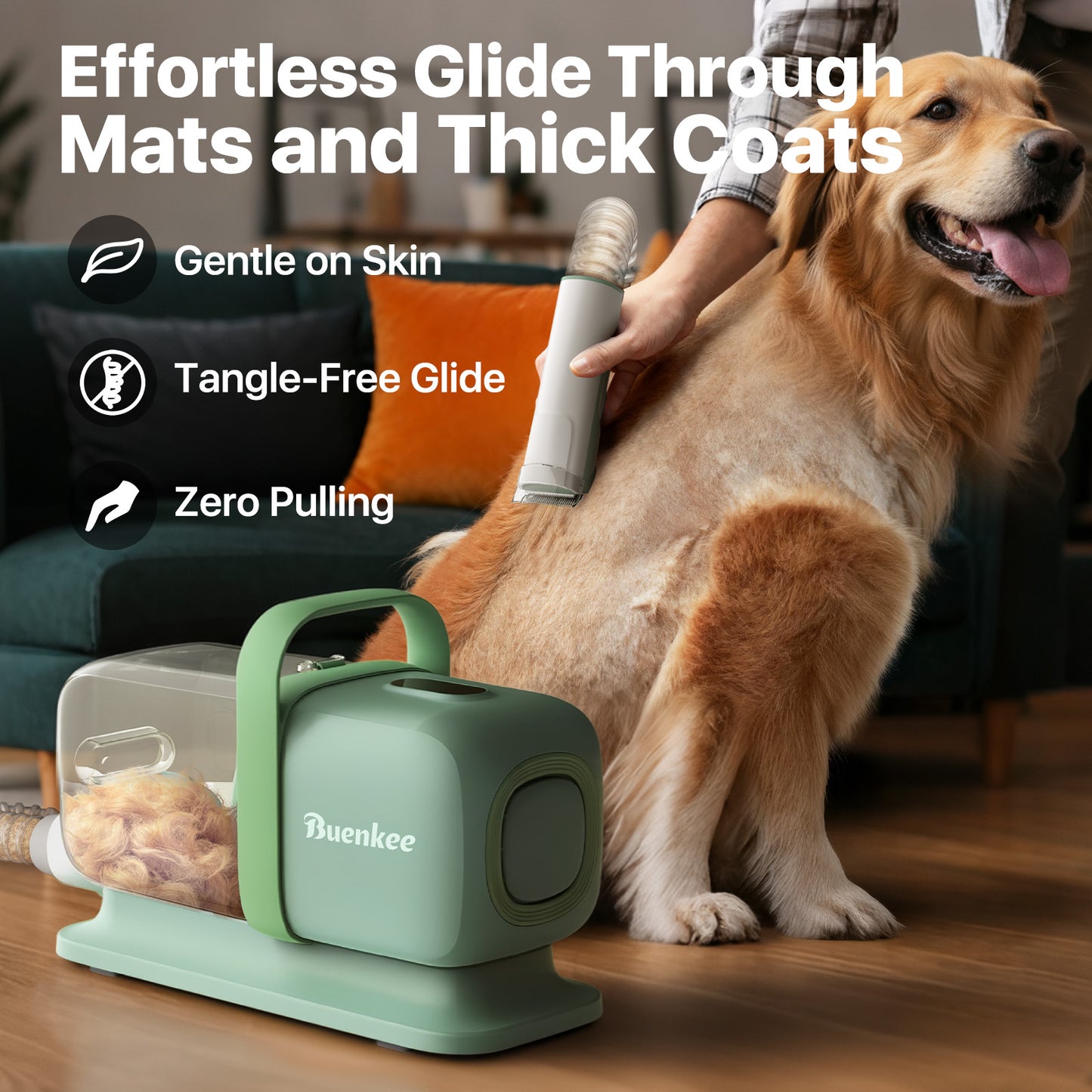 Buenkee Dog Grooming Vacuum Kit, 15000Pa Clipper, Shedding Brush, 2L, Green