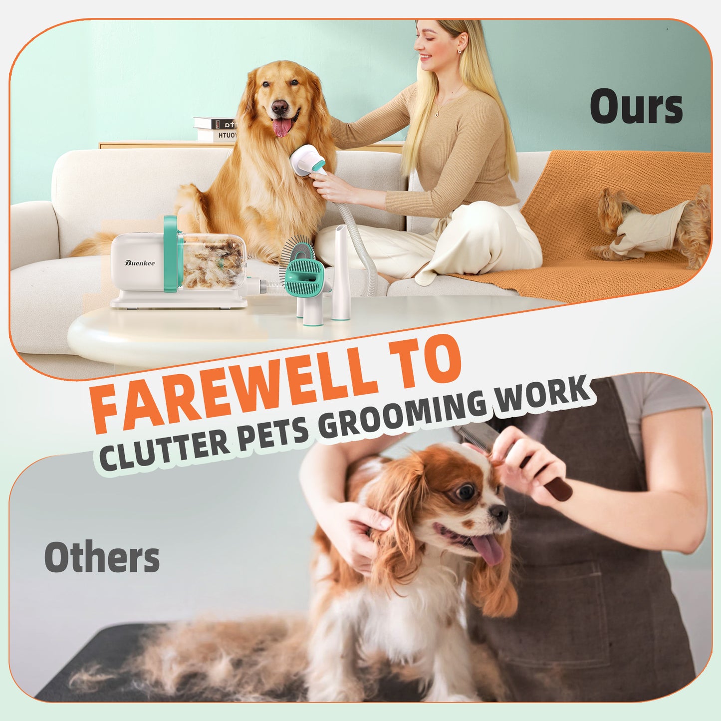 Buenkee Dog Grooming Vacuum, Dog Hair Vacuum for Shedding Grooming, Low Noise Pet Grooming Vacuum for Dogs, Dog Grooming Kit with 15kpa Vacuum for Pet Hair