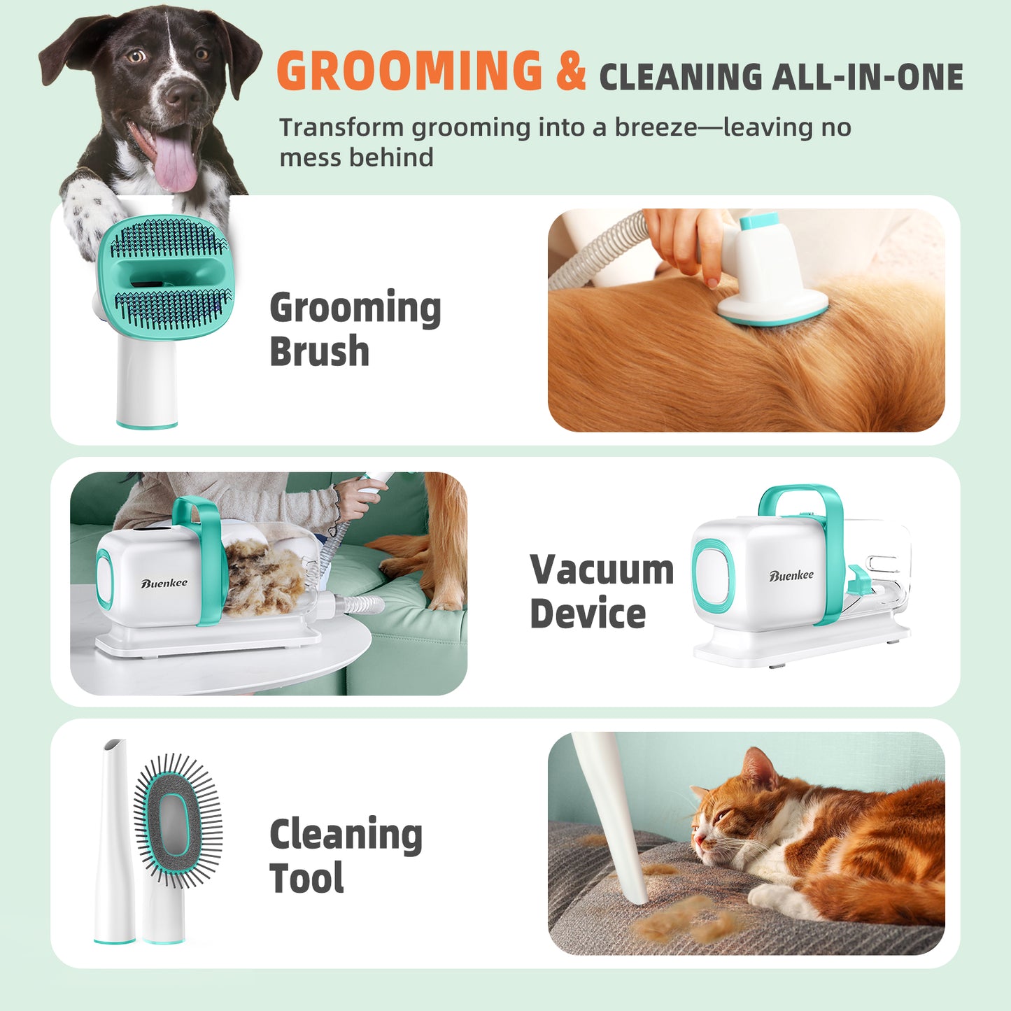 Buenkee Dog Grooming Vacuum, Dog Hair Vacuum for Shedding Grooming, Low Noise Pet Grooming Vacuum for Dogs, Dog Grooming Kit with 15kpa Vacuum for Pet Hair