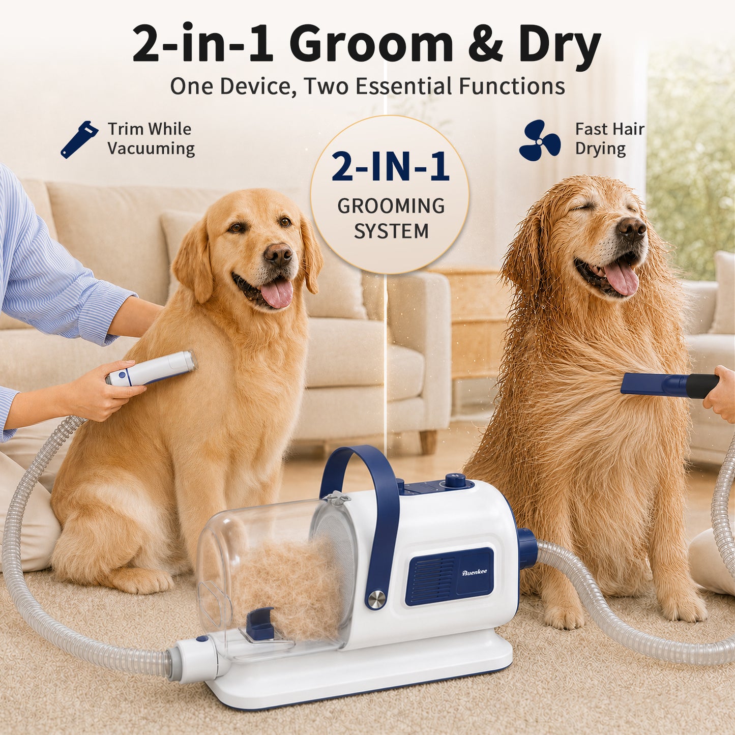 Buenkee Dog Grooming Vacuum & Blow Dryer Kit, Pet Clipper, 15000Pa Suction | 3-in-1 Pet Care, Removes Loose Fur, Styles Coats & Dries After Baths, Adjustable Heat & Airflow, 1.7L Dust Cup for Easy Clean