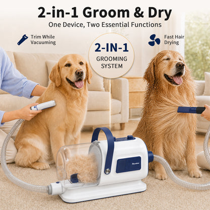 Buenkee Dog Grooming Vacuum & Blow Dryer Kit, Pet Clipper, 15000Pa Suction | 3-in-1 Pet Care, Removes Loose Fur, Styles Coats & Dries After Baths, Adjustable Heat & Airflow, 1.7L Dust Cup for Easy Clean