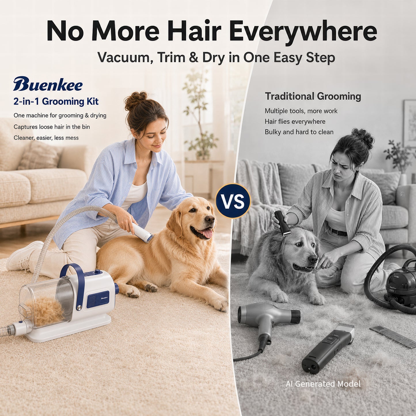 Buenkee Dog Grooming Vacuum & Blow Dryer Kit, Pet Clipper, 15000Pa Suction | 3-in-1 Pet Care, Removes Loose Fur, Styles Coats & Dries After Baths, Adjustable Heat & Airflow, 1.7L Dust Cup for Easy Clean