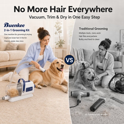 Buenkee Dog Grooming Vacuum & Blow Dryer Kit, Pet Clipper, 15000Pa Suction | 3-in-1 Pet Care, Removes Loose Fur, Styles Coats & Dries After Baths, Adjustable Heat & Airflow, 1.7L Dust Cup for Easy Clean