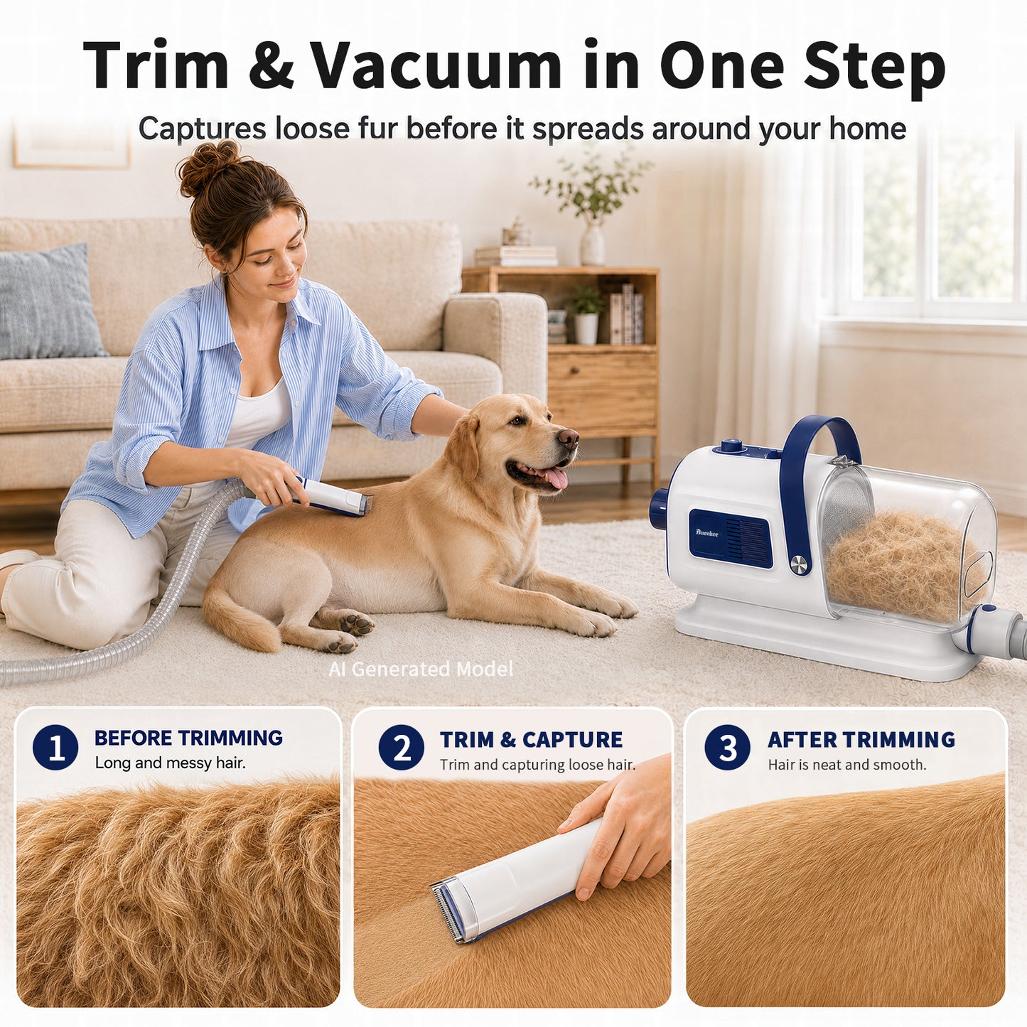 Buenkee Dog Grooming Vacuum & Blow Dryer Kit, Pet Clipper, 15000Pa Suction | 3-in-1 Pet Care, Removes Loose Fur, Styles Coats & Dries After Baths, Adjustable Heat & Airflow, 1.7L Dust Cup for Easy Clean