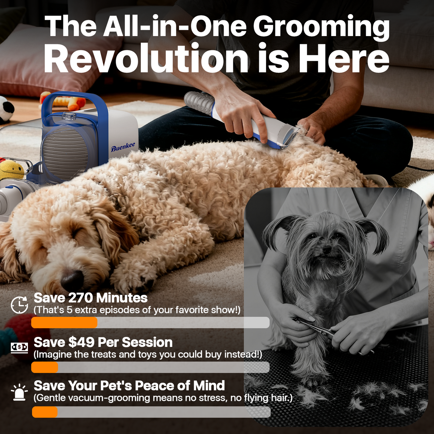 Buenkee Dog Grooming Vacuum Kit, 15000Pa Clipper, Shedding Brush, 2L, White