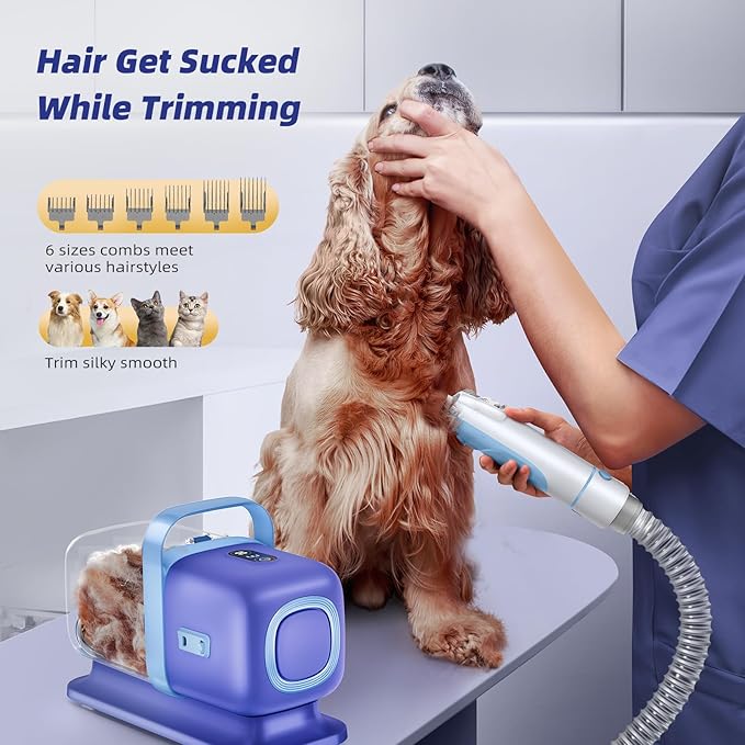 Buenkee Dog Grooming Kit with Pet Grooming Vacuum, Dog Clipper, Pet Grooming Shedding Brush, Cleaning Tool in 1, Low Noise Dog Vacuum for Dogs Cats (Blue)