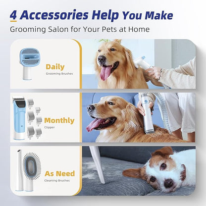 Buenkee Dog Grooming Kit with Pet Grooming Vacuum, Dog Clipper, Pet Grooming Shedding Brush, Cleaning Tool in 1, Low Noise Dog Vacuum for Dogs Cats (Blue)