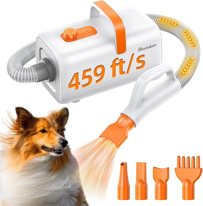 Buenkee Professional Dog Hair Dryer for Grooming - 140M/S High Velocity Pet Blow Dryer with Adjustable Airflow Speed and Cycling Heating, Dog Cat Blower with 4 Nozzles and Up to 6.56ft Flexible Hose