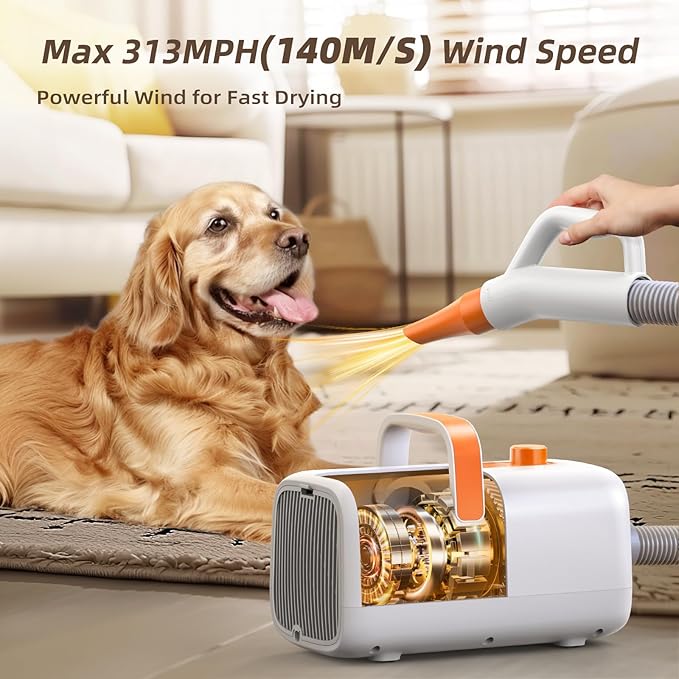 Buenkee Professional Dog Hair Dryer for Grooming - 140M/S High Velocity Pet Blow Dryer with Adjustable Airflow Speed and Cycling Heating, Dog Cat Blower with 4 Nozzles and Up to 6.56ft Flexible Hose