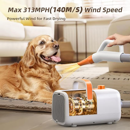 Buenkee Professional Dog Hair Dryer for Grooming - 140M/S High Velocity Pet Blow Dryer with Adjustable Airflow Speed and Cycling Heating, Dog Cat Blower with 4 Nozzles and Up to 6.56ft Flexible Hose