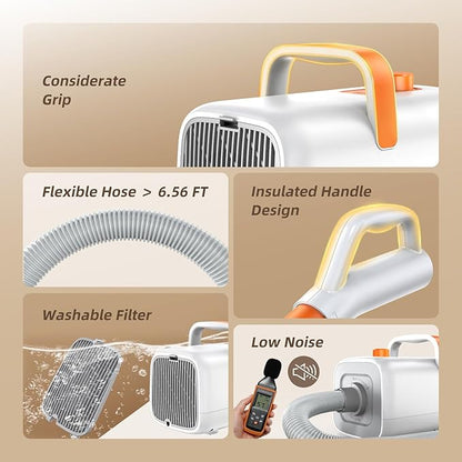 Buenkee Professional Dog Hair Dryer for Grooming - 140M/S High Velocity Pet Blow Dryer with Adjustable Airflow Speed and Cycling Heating, Dog Cat Blower with 4 Nozzles and Up to 6.56ft Flexible Hose