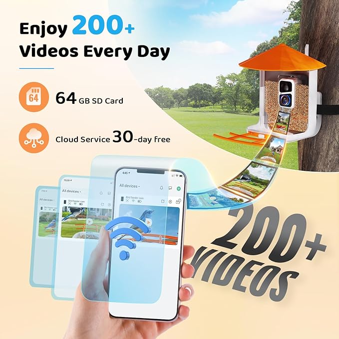 Buenkee Bird Feeder with Camera, 5 DIY Add-ons & 64GB Card Record Bird Video Bird House for Outside, 2.4G WiFi Bird Feeder Camera Wireless Outdoor House-Bird Watching Gifts