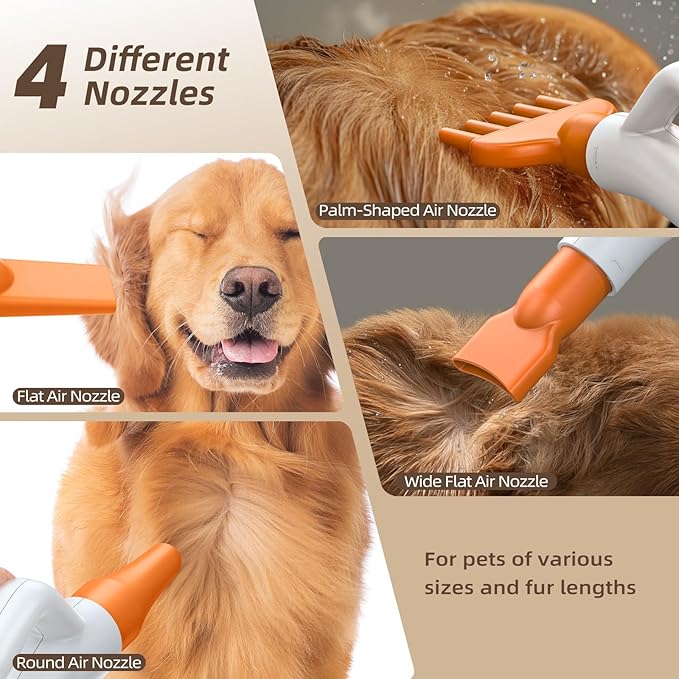 Buenkee Professional Dog Hair Dryer for Grooming - 140M/S High Velocity Pet Blow Dryer with Adjustable Airflow Speed and Cycling Heating, Dog Cat Blower with 4 Nozzles and Up to 6.56ft Flexible Hose