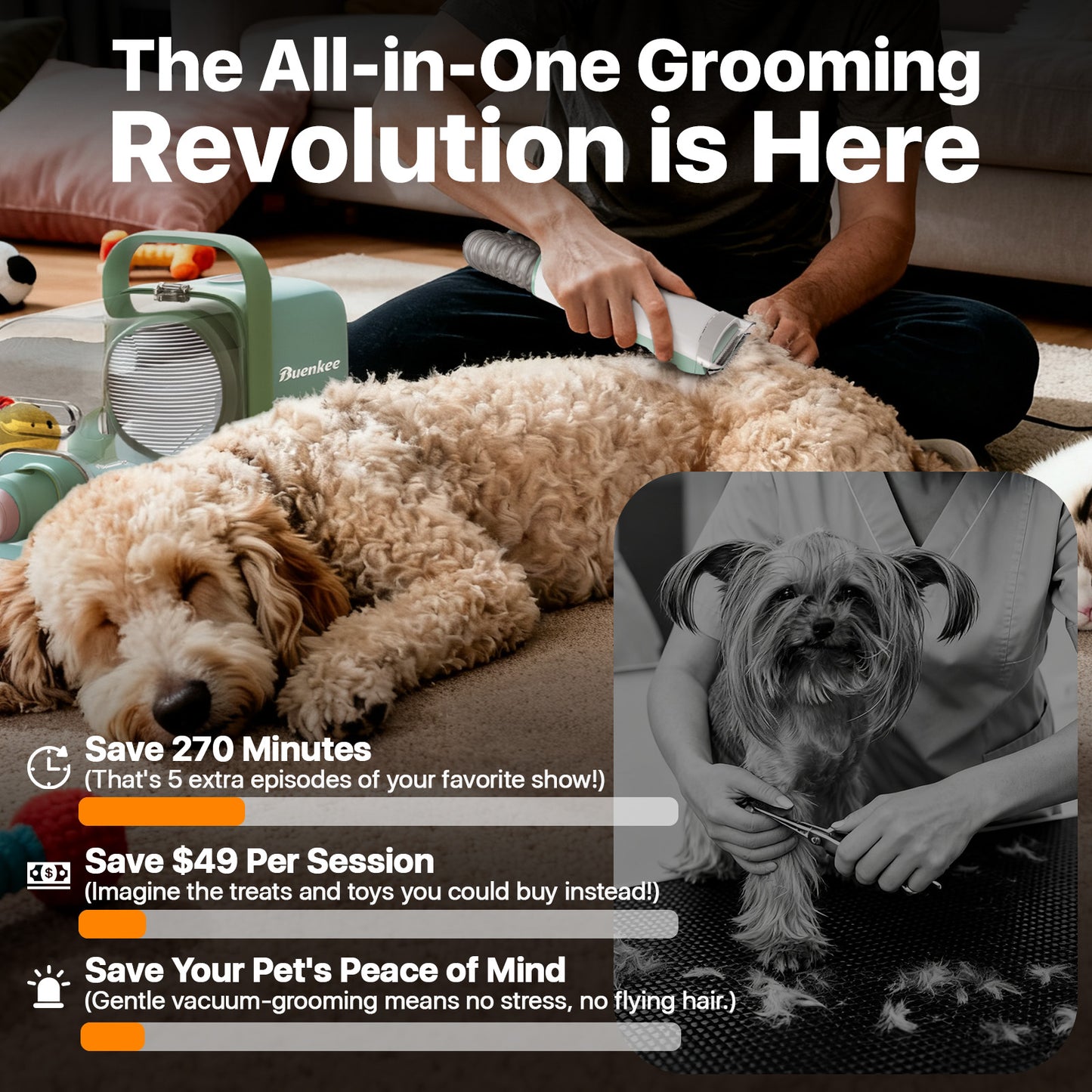 Buenkee Dog Grooming Vacuum Kit, 15000Pa Clipper, Shedding Brush, 2L, Green