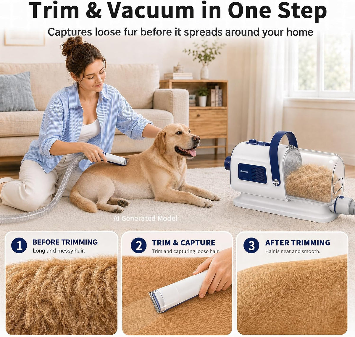 Buenkee Dog Grooming Vacuum & Blow Dryer Kit, Pet Clipper, 15000Pa Suction