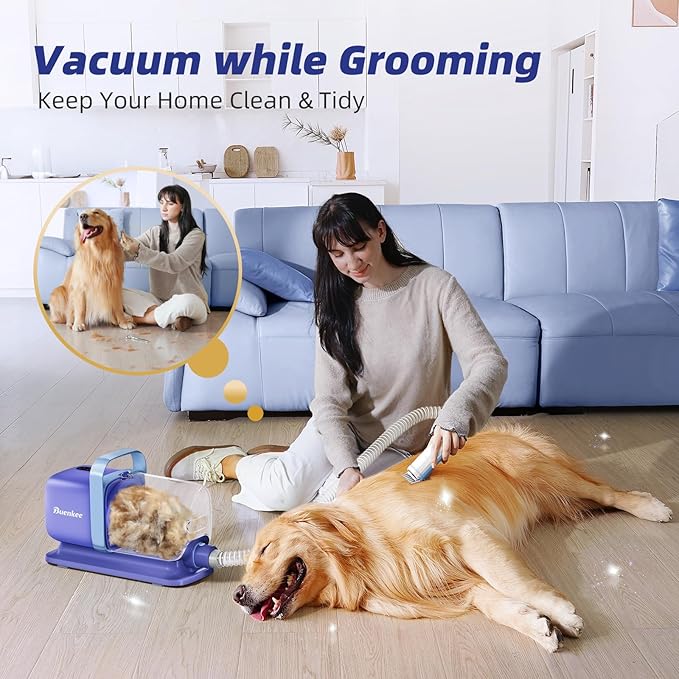 Buenkee Dog Grooming Kit with Pet Grooming Vacuum, Dog Clipper, Pet Grooming Shedding Brush, Cleaning Tool in 1, Low Noise Dog Vacuum for Dogs Cats (Blue)
