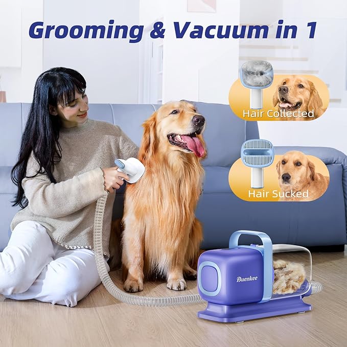 Buenkee Dog Grooming Kit with Pet Grooming Vacuum, Dog Clipper, Pet Grooming Shedding Brush, Cleaning Tool in 1, Low Noise Dog Vacuum for Dogs Cats (Blue)