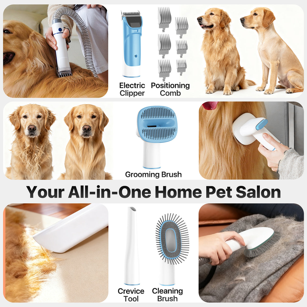 Buenkee Dog Grooming Vacuum Kit, 15000Pa Clipper, Shedding Brush, 2L, Blue