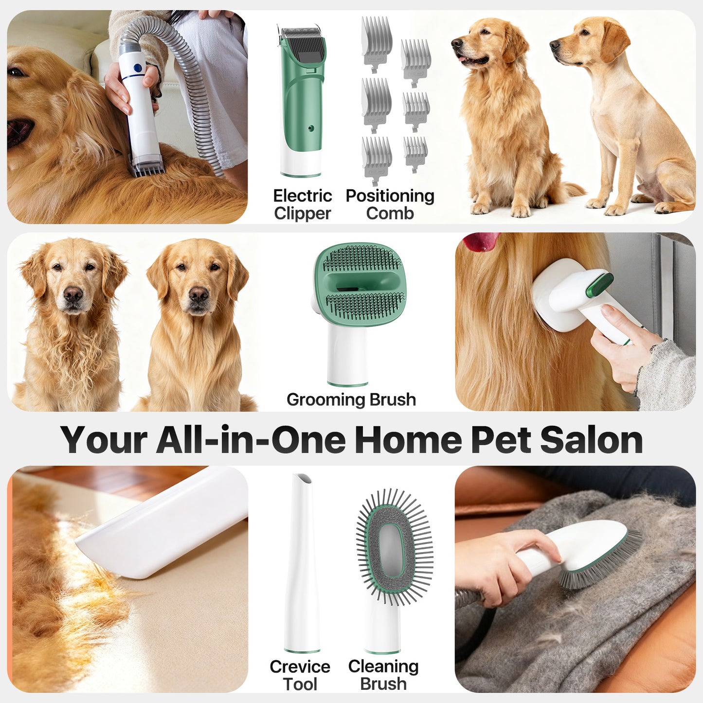 Buenkee Dog Grooming Vacuum Kit, 15000Pa Clipper, Shedding Brush, 2L, Green
