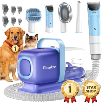 Buenkee Dog Grooming Kit with Pet Grooming Vacuum, Dog Clipper, Pet Grooming Shedding Brush, Cleaning Tool in 1, Low Noise Dog Vacuum for Dogs Cats (Blue)