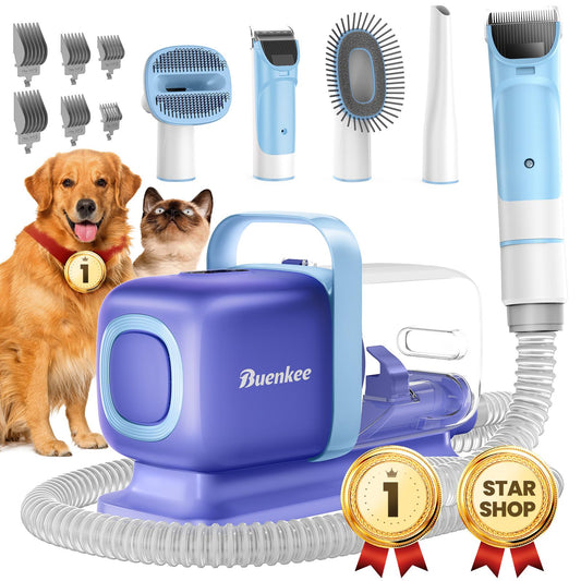 Buenkee Dog Grooming Kit with Pet Grooming Vacuum, Dog Clipper, Pet Grooming Shedding Brush, Cleaning Tool in 1, Low Noise Dog Vacuum for Dogs Cats (Blue)