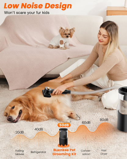 Buenkee Professional Plus Pet Grooming Vacuum Kit, 4 Pet Grooming Tools & 3L Capacity, Quiet &14,000KPa Powerful Suction, 99% Pet Hair Removal, Safe Grooming Set for Dogs, Cats & Pets, Home Cleaning
