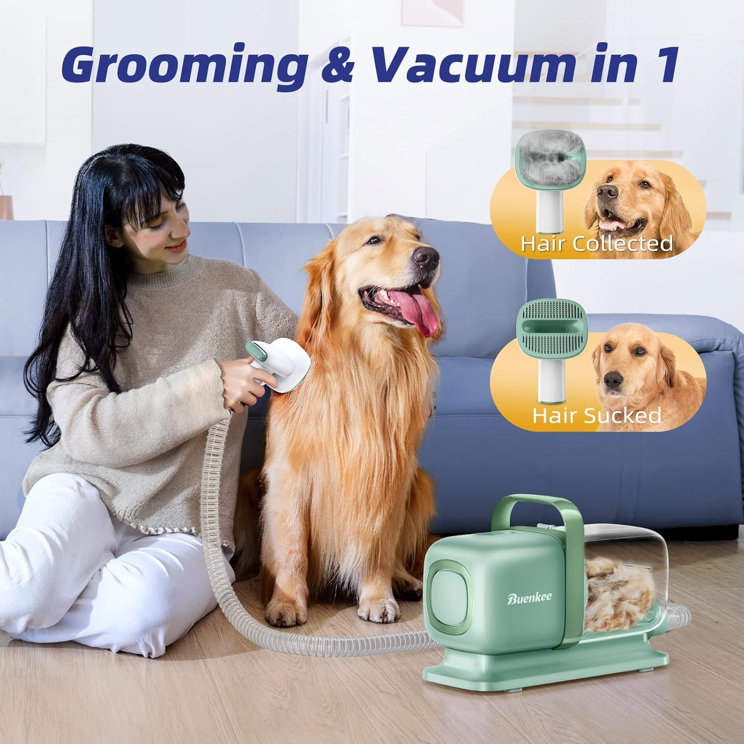 Buenkee Dog Grooming Kit with Pet Grooming Vacuum, Dog Clipper, Pet Grooming Shedding Brush, Cleaning Tool in 1, Low Noise Dog Vacuum for Dogs Cats