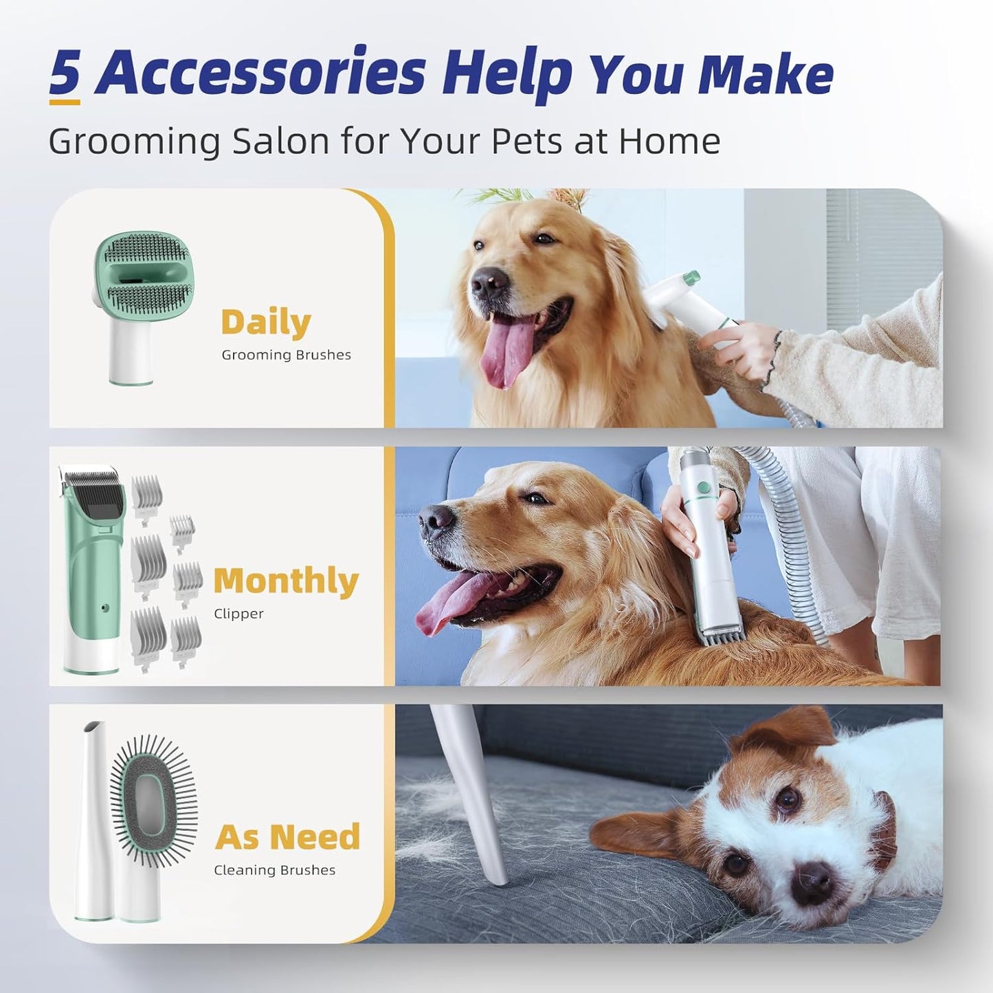 Buenkee Dog Grooming Kit with Pet Grooming Vacuum, Dog Clipper, Pet Grooming Shedding Brush, Cleaning Tool in 1, Low Noise Dog Vacuum for Dogs Cats