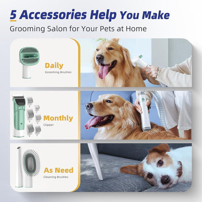 Buenkee Dog Grooming Kit with Pet Grooming Vacuum, Dog Clipper, Pet Grooming Shedding Brush, Cleaning Tool in 1, Low Noise Dog Vacuum for Dogs Cats