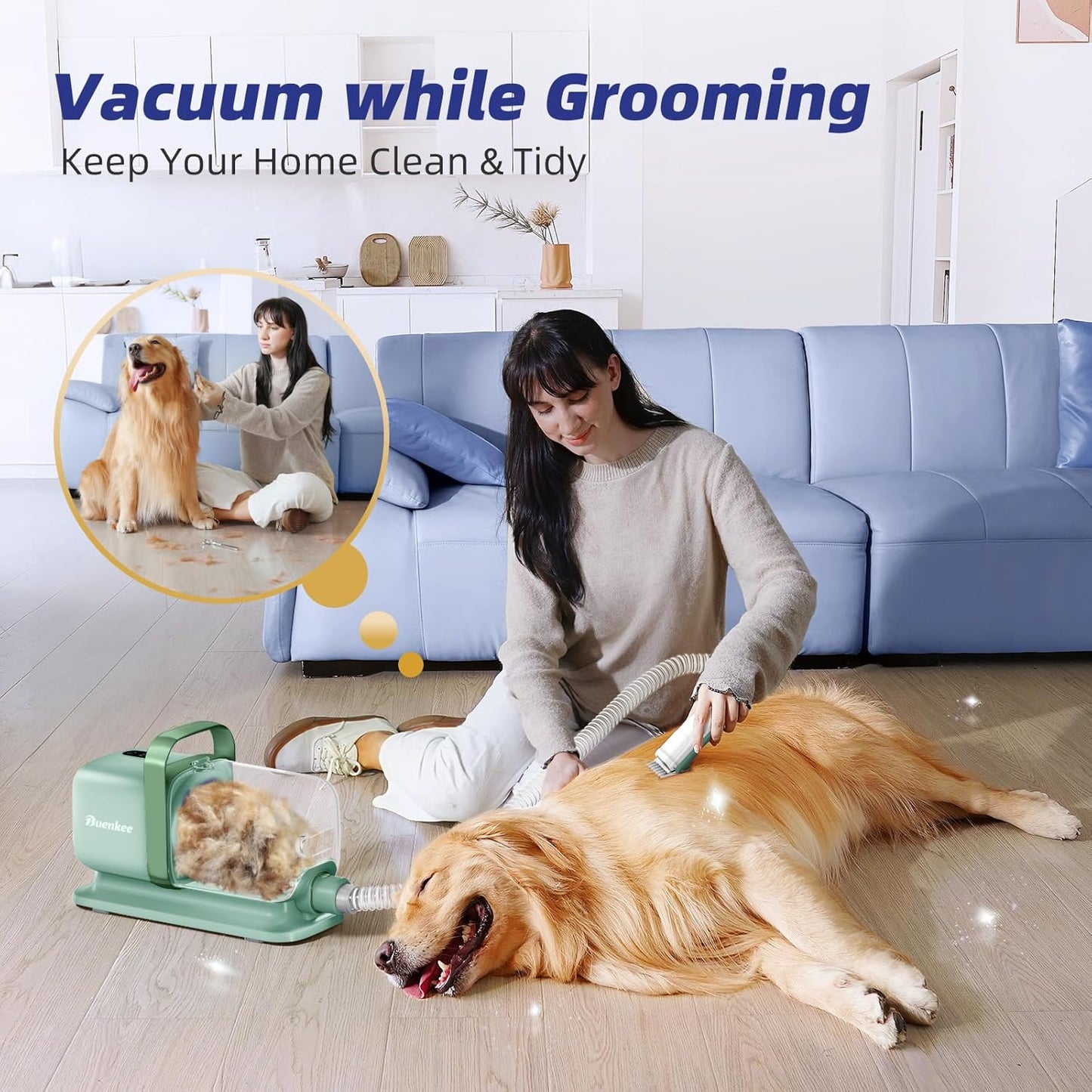 Buenkee Dog Grooming Kit with Pet Grooming Vacuum, Dog Clipper, Pet Grooming Shedding Brush, Cleaning Tool in 1, Low Noise Dog Vacuum for Dogs Cats