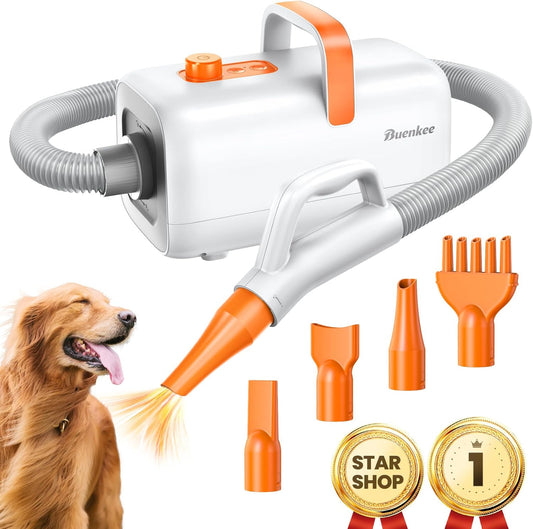 Buenkee Professional Dog Hair Dryer for Grooming - 140M/S High Velocity Pet Blow Dryer with Adjustable Airflow Speed and Cycling Heating, Dog Cat Blower with 4 Nozzles and Up to 6.56ft Flexible Hose