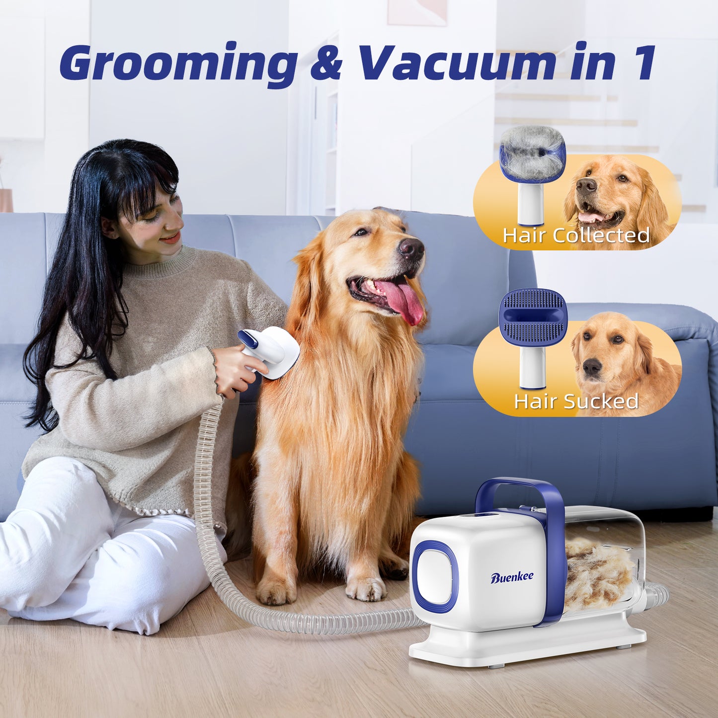 Buenkee Dog Grooming Kit with Pet Grooming Vacuum, Dog Clipper, Pet Grooming Shedding Brush, Cleaning Tool in 1, Low Noise Dog Vacuum for Dogs Cats