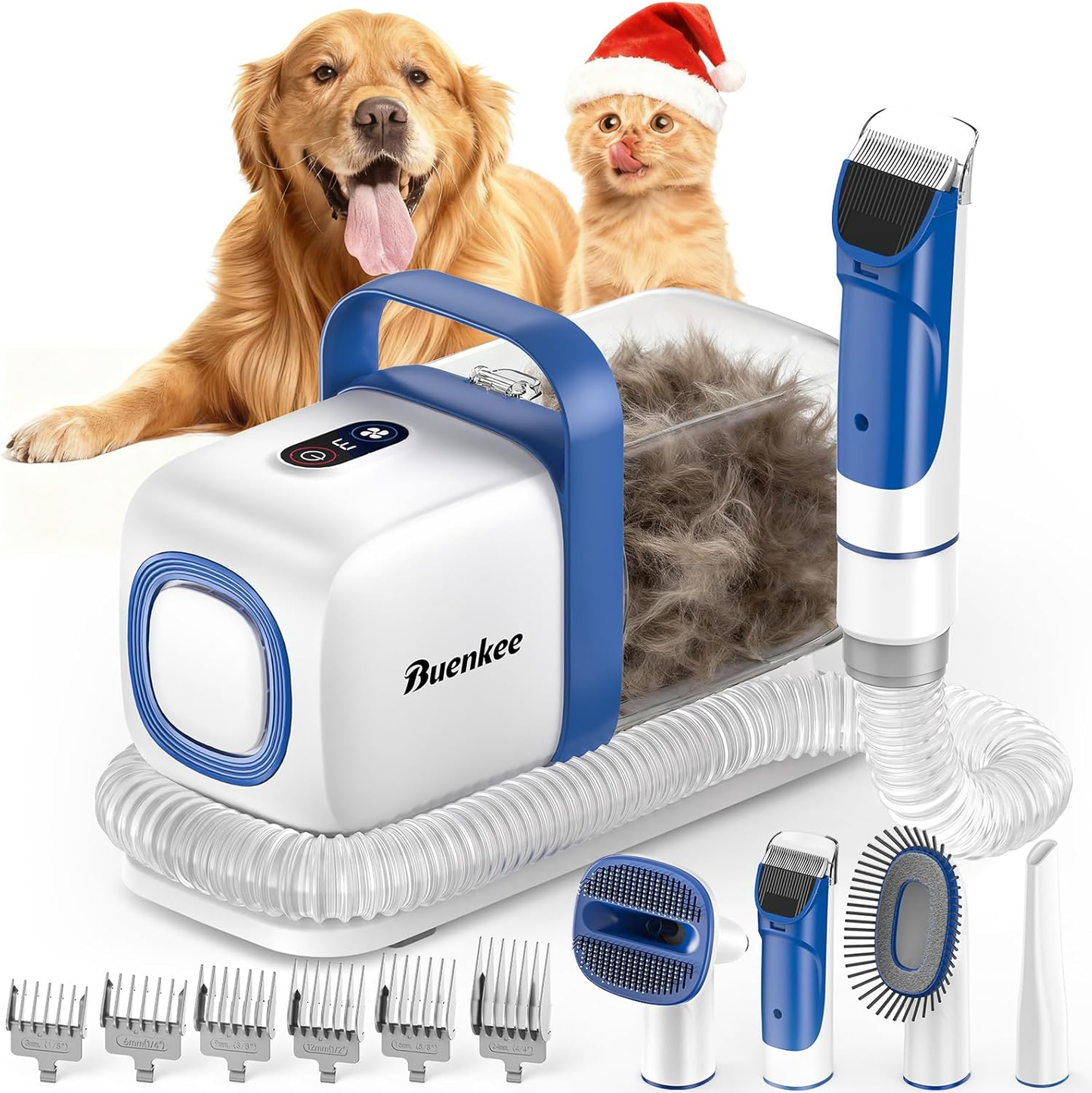 Buenkee Dog Grooming Vacuum Kit, 15000Pa Clipper, Shedding Brush, 2L, White