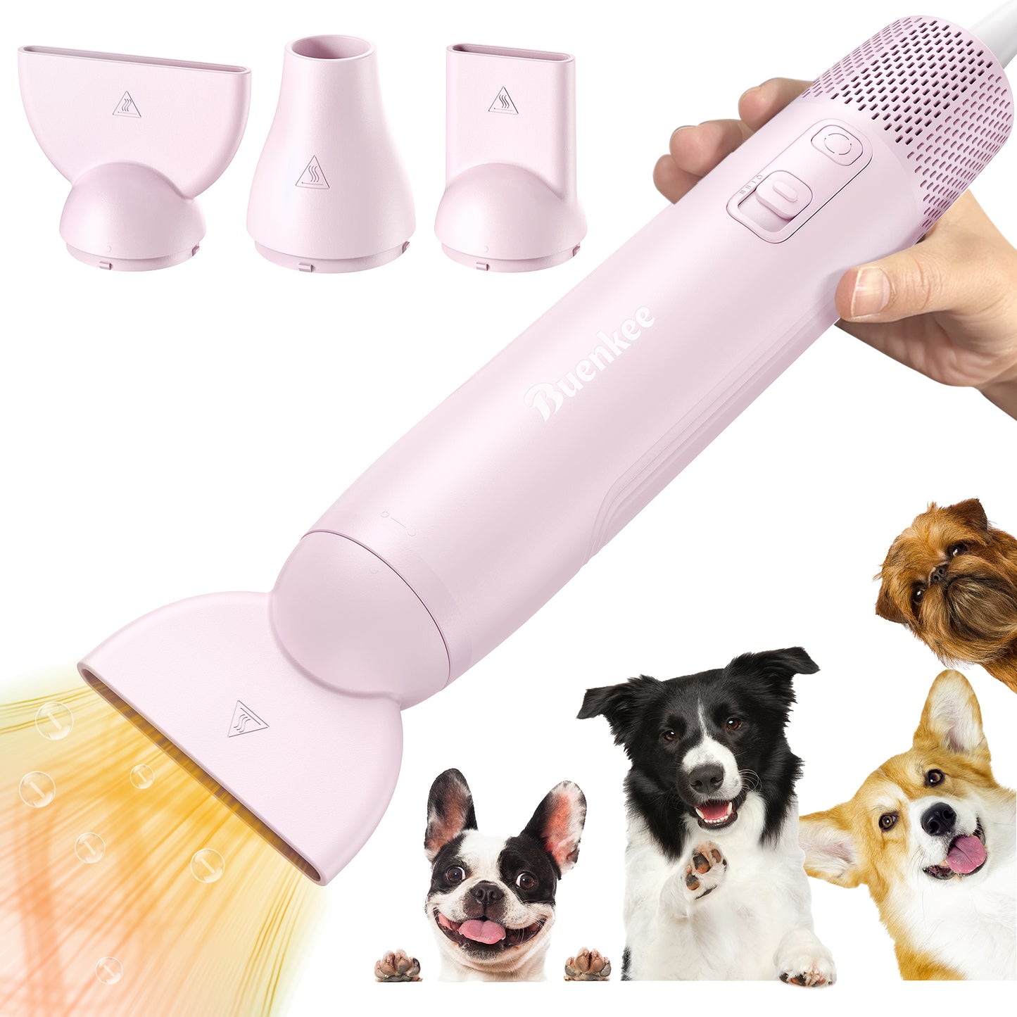 Buenkee Dog Blow Dryer for Pet Grooming Handheld Lightweight Dog Cat Hair Dryer 3 Speeds 4 Temp, Portable 3HP High Velocity Pet Blower Quiet Dryer for Travel Campaign Home, with 3 Nozzles