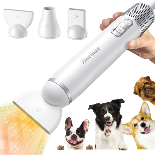 Buenkee Dog Blow Dryer for Pet Grooming Handheld Lightweight Dog Cat Hair Dryer 3 Speeds 4 Temp, Portable 3HP High Velocity Pet Blower Quiet Dryer for Travel Campaign Home, with 3 Nozzles