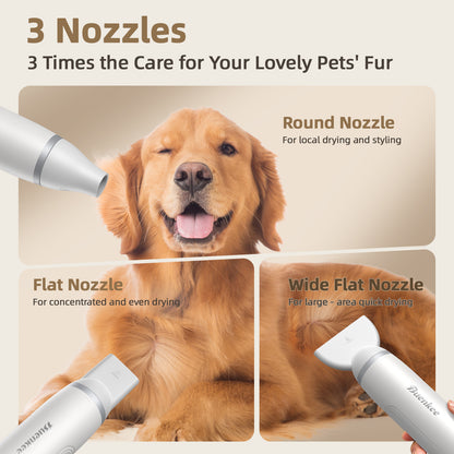 Buenkee Dog Blow Dryer for Pet Grooming Handheld Lightweight Dog Cat Hair Dryer 3 Speeds 4 Temp, Portable 3HP High Velocity Pet Blower Quiet Dryer for Travel Campaign Home, with 3 Nozzles