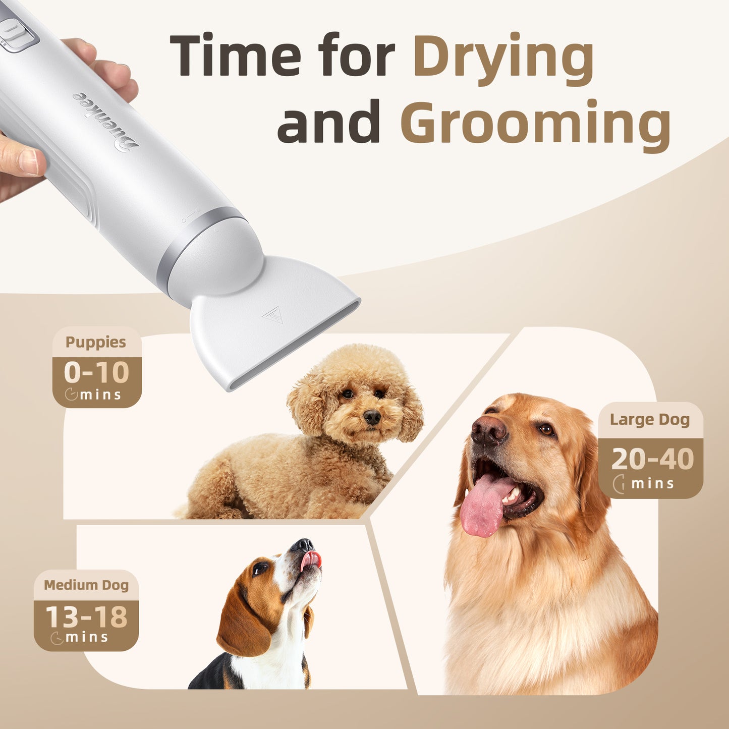 Buenkee Dog Blow Dryer for Pet Grooming Handheld Lightweight Dog Cat Hair Dryer 3 Speeds 4 Temp, Portable 3HP High Velocity Pet Blower Quiet Dryer for Travel Campaign Home, with 3 Nozzles